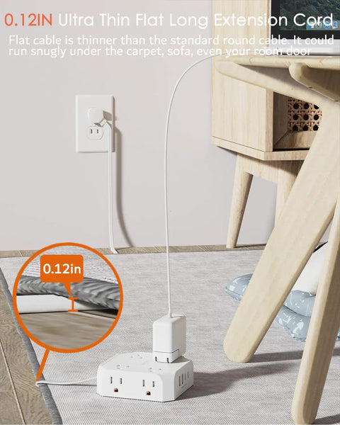 Universal 2 Prong To 3 Prong Outlet Adapter With 5 Foot Cord For Older Home Wiring Safe Conversion Hub, flat cord under carpet.