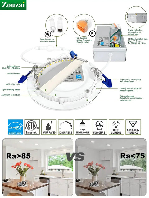 12 Pack 4 Inch Ultra Thin LED Recessed Ceiling Lights With Junction Box 5000K Daylight 9W Equal 80W Dimmable Canless Wafer Downlight 810 Lumen High Brightness ETL And Energy Star Certified Easy Install For Kitchen And Living Areas, showing product features and kitchen lighting comparison.