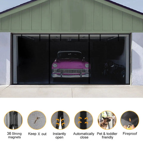 Garage Door Screen For 2 Car Garage 16x7Ft Fiberglass Mesh With Closure Weighted Bottom Magnetic Heavy Duty Screen Door Curtain Kit Roll Up Top Strapping Tapes For Easy Ventilation And Bug Prevention installed on garage