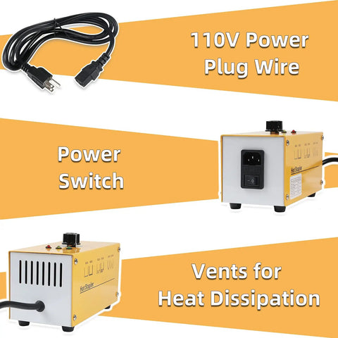 110V Plastic Welder Kit With 3 Level Power, showing 110V power plug wire, power switch, and vents for heat dissipation in storage toolbox.