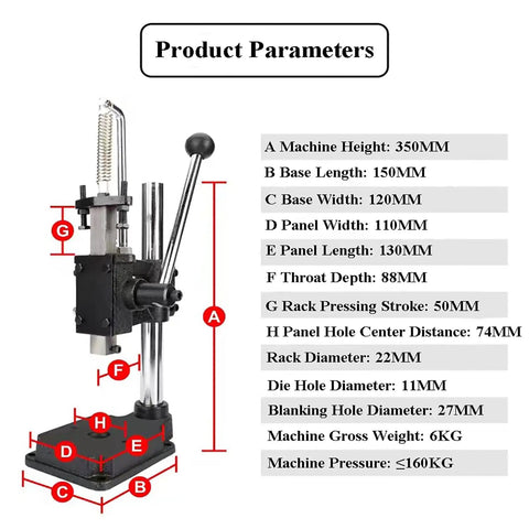 Leather Hole Puncher Hand Tool with size parameters, heavy duty manual press for DIY leather craft, adjustable chuck visible