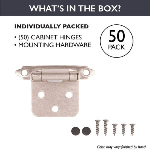 Soft Close Face Frame Concealed Cabinet Hinges 50 Pack Satin Nickel One Half Inch For Kitchen Cabinets Doors With Free Mounting Hardware Easy Install Individually Wrapped For Scratch Free Installation, includes cabinet hinge and screws.