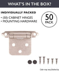 Image of self closing cabinet hinges in oil rubbed bronze, 50 pack, with mounting hardware, individually packed for scratch protection.