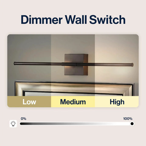 Black 28-Inch Modern Dimmable Integrated LED Wall Sconce for Bathrooms and Hallways showing dimmer settings