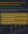 Close-up of text displaying features of 1 In 4 Out Stereo Audio Distribution Amplifier with controls and RCA inputs.