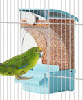 Foolproof Transparent Bird Feeder With Sturdy Perch, Spill Proof Acrylic Cage Food Container For Budgies Cockatiels And Parakeets, Hassle Free No Mess Daily Feed Dispenser Blue with green bird.