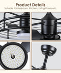 Close-up details of Caged Ceiling Fan With Lights In Black, Outdoor Ceiling Fan With Remote, Reversible 8 ABS Blades