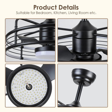 Close-up details of Caged Ceiling Fan With Lights In Black, Outdoor Ceiling Fan With Remote, Reversible 8 ABS Blades