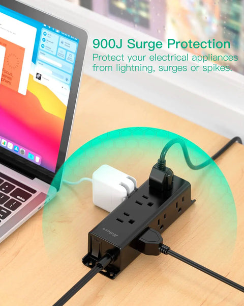 Nine Outlet Surge Protector Power Strip With Three Side Design in use on desk with laptop, 10 Foot Cord, 900 Joules, black