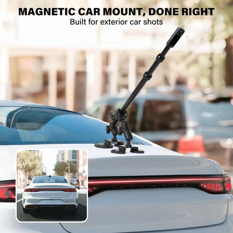 Heavy Duty Magnetic Car Mount For Insta360 And Action Cam With N52 Magnet quick release base on a car roof, 360 rotation arm.