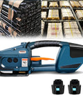 Solid Automatic Strapping Tool Built For One Half To Five Inches Wide Pp Pet Tape And Rechargeable Cordless Electric Welding Bander showing front view with straps.