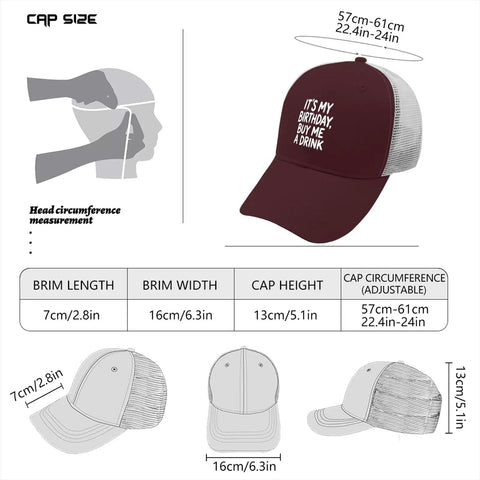 Its My Birthday Trucker Hat Unisex Cool Baseball Cap With Modern Design And Adjustable Buckle, cap size measurements illustration