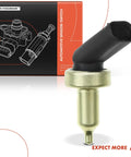 Front view: A-Premium coolant temperature sensor with brass stem and black plastic body, boxed.