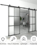 72 By 84 Inch Double Glass Barn Door with Frosted Glass and Black Aluminum Frame Sliding Door Hardware Kit Installed