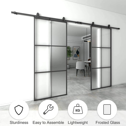 72 By 84 Inch Double Glass Barn Door with Frosted Glass and Black Aluminum Frame Sliding Door Hardware Kit Installed