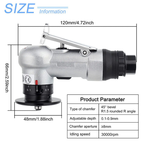 Lightweight 2 In 1 Air Chamfering Machine For Metal And Wood, showing dimensions and adjustable depth settings for precise cutting.