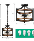 Semi Flush Mount Ceiling Light Fixture With Detachable Chain In Dope Farmhouse Metal Wood Grain Finish Two Light Pendant Style