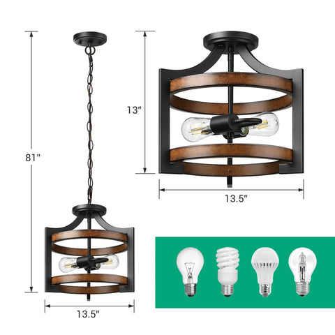 Semi Flush Mount Ceiling Light Fixture With Detachable Chain In Dope Farmhouse Metal Wood Grain Finish Two Light Pendant Style