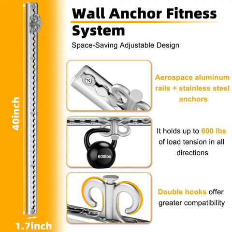 Built Different Adjustable Aluminum Resistance Band Wall Anchor With 40 Inch Sliding Track and 39 Precise Height Positions close-up of 40 inch aluminum rail system.