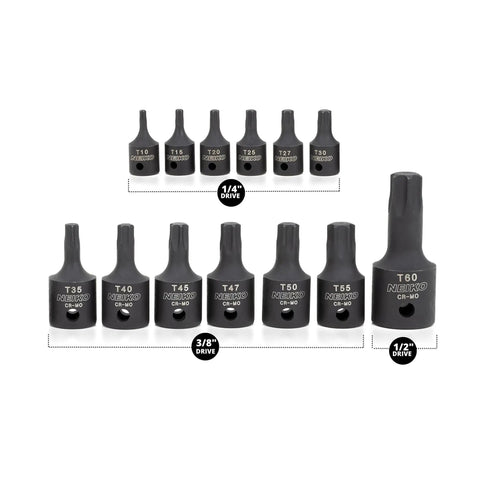 Heavy Duty Impact Torx Socket Set For Auto And Motorcycle Work Quarter Inch Three Eighths Inch And Half Inch Drives Six Point Star