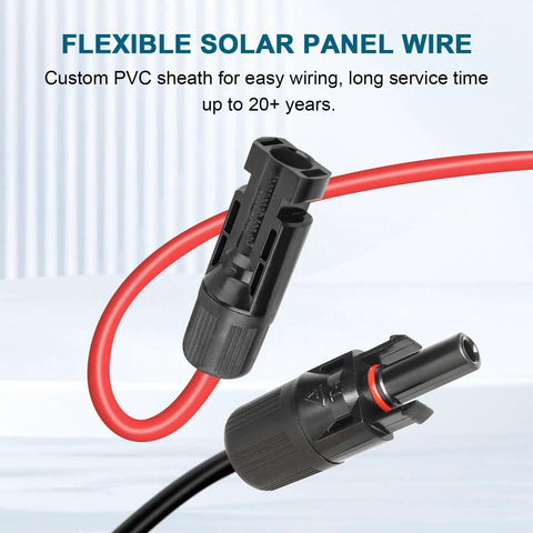 Close-up of connectors on 10 AWG Solar Extension Cable 100 Feet with Male to Female Connector for solar panels.