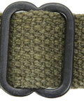 Close-up of OD green canvas material with steel fixture from M1 Carbine Web Sling OD Green One Inch Canvas Reproduction With Lift-The-Dot Closure WWII Style Steel Fixtures Old School Battle-Tested Carbine Sling For Collectors And Range Use