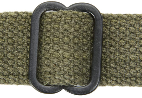 Close-up of OD green canvas material with steel fixture from M1 Carbine Web Sling OD Green One Inch Canvas Reproduction With Lift-The-Dot Closure WWII Style Steel Fixtures Old School Battle-Tested Carbine Sling For Collectors And Range Use