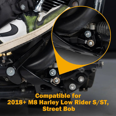 Extended Brake Shift Lever Kit With Linkage For 2018 And Up M8 Harley Softail Low Rider S And Street Bob Bolt On Performance That Makes Braking Feel Crisp And Much Easier Durable Al6063 Aluminum Corrosion Resistant, installed by footpeg