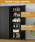 Tall Narrow Slim Steel Storage Cabinet With Lock And Five Adjustable Shelves For Kitchen Pantry Bathroom And Office Black 67 Inch Tall Go To Locker Organizer File Cabinet shown in kitchen setting with open door displaying stored kitchen items.