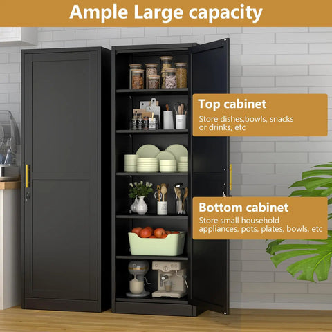 Tall Narrow Slim Steel Storage Cabinet With Lock And Five Adjustable Shelves For Kitchen Pantry Bathroom And Office Black 67 Inch Tall Go To Locker Organizer File Cabinet shown in kitchen setting with open door displaying stored kitchen items.