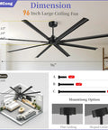 96 Inch Industrial Ceiling Fan With DC Motor, 6 Speeds Reversible, 8 Aluminum Blades, Black Commercial No Light Ceiling Fan, dimensions
