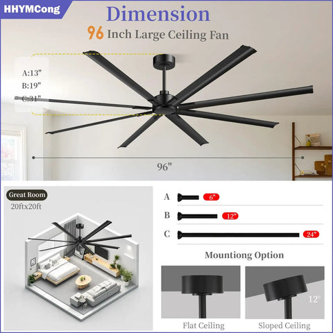 96 Inch Industrial Ceiling Fan With DC Motor, 6 Speeds Reversible, 8 Aluminum Blades, Black Commercial No Light Ceiling Fan, dimensions