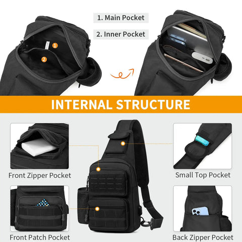 Internal structure of Tactical Sling Bag Crossbody For Men And Women EDC Shoulder Pack With MOLLE, Lightweight 600D Nylon, Black.