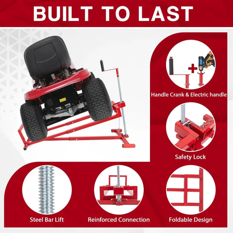 Upgraded Telescopic Lawn Mower Lift Jack For Riding Mowers And Garden Tractors with manual and power tool handle, heavy-duty steel