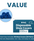 Package of Disposable Blue Shoe Covers 50 Pack 25 Pairs One Size Fits All Non Slip Waterproof Indoor Booties with elastic closure.