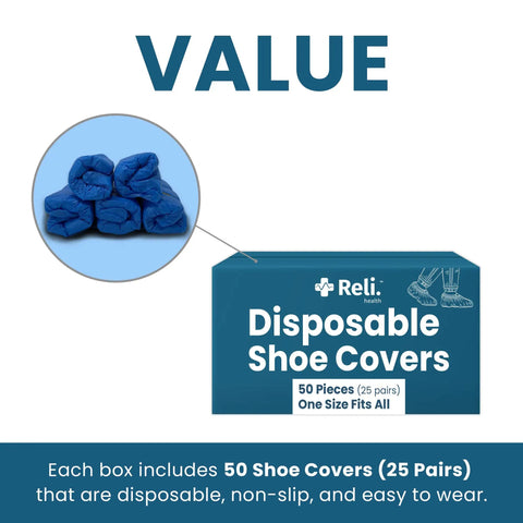 Package of Disposable Blue Shoe Covers 50 Pack 25 Pairs One Size Fits All Non Slip Waterproof Indoor Booties with elastic closure.