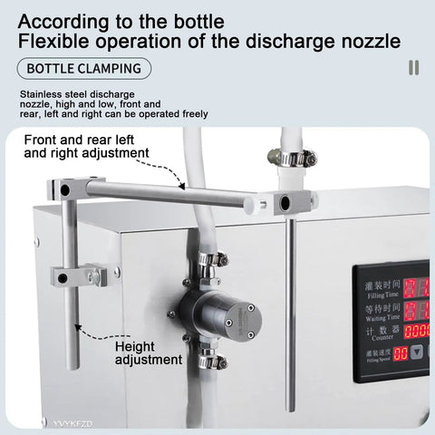 Semi Automatic Liquid Filling Machine With Dual Heads And Digital Control, Stainless Steel Bottle Filler Design close-up of nozzle adjustments.