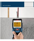 Professional Wall Scanner And Stud Finder With Dead On Depth Tracking Rebar Wire Pipe Sensor And Quick Layout Tool For Hardworking Contractors Handling Any Job No Sweat At All in use against a wall.