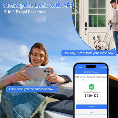 Premium Heavy Duty Smart Door Lock With App Control And Fingerprint Entry For Main Entrances with smartphone passcode, user smiling.