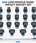 16.5 Inch Long Flex Head Nano Ratchet Wrench With 19 Piece Three Eighths Inch Drive Nano Impact Socket Set Includes 6mm To 24mm Metric Sockets Low Profile CrMo Sockets For Tight Spaces And Quick Fastening, 20-piece CR-MO metric socket set with 16.5-inch flex-head ratchet