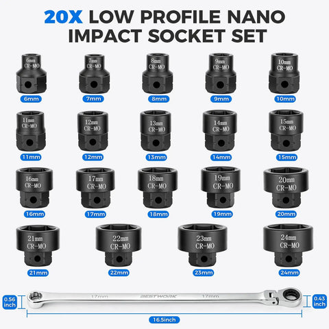 16.5 Inch Long Flex Head Nano Ratchet Wrench With 19 Piece Three Eighths Inch Drive Nano Impact Socket Set Includes 6mm To 24mm Metric Sockets Low Profile CrMo Sockets For Tight Spaces And Quick Fastening, 20-piece CR-MO metric socket set with 16.5-inch flex-head ratchet