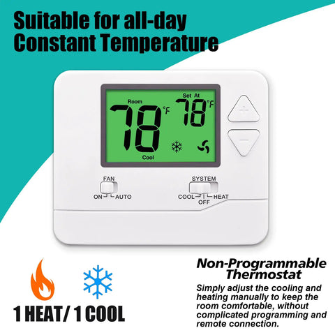 Non Programmable Home Thermostat With Green Backlight for Energy Saving, shows 78°F reading, compatible with 1 Heat 1 Cool systems.