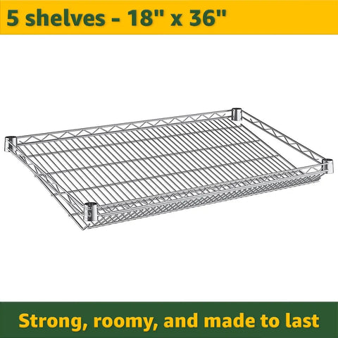 Heavy Duty Chrome Storage Shelving Unit 18 By 36 By 74 Inches With 25 Clear Bins Built Different For Garage Tool Organization And Master Workshop Projects, angled view of five shelves.