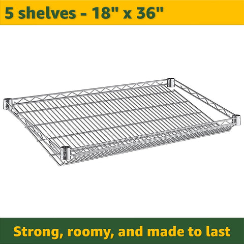 Heavy Duty Chrome Storage Shelving Unit With 18x36x74 Inch Frame And Forty Durable Bins For Badass Tool Organization In Garage Or Commercial Warehouse, showing 5 shelves, 18x36 inch frame.