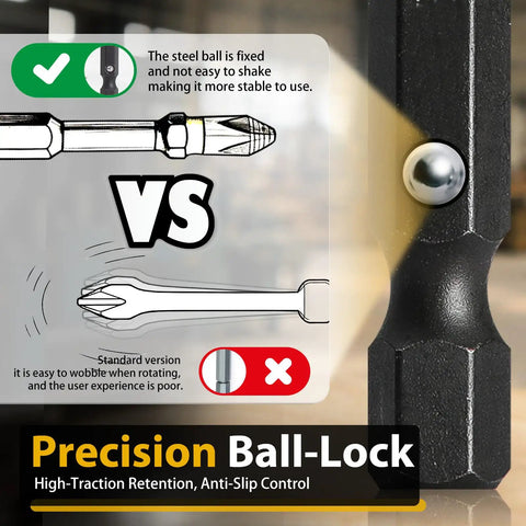 Six Inch Long Phillips Head Bits Number Two With Ball Notch Locking Anti Wobble Design 360 Degree Laser Etched CNC Tip Taiwan S2 Steel Magnetic Phillips Bit Set For Impact Roofing And Carpentry Two Pack Pro Grade, ball-lock close-up