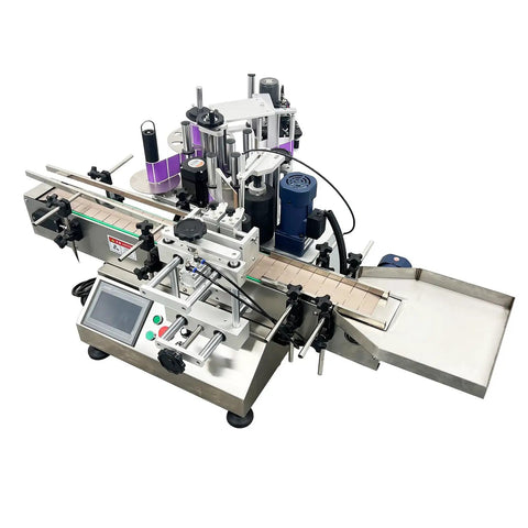 Fully Automatic Round Bottle Labeling Machine Featuring Plug And Play Touchscreen Controls and Smart Auto Correction, stainless steel.