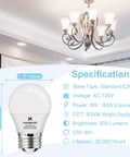 Brighten Up Any Room With A15 LED E26 Ceiling Fan Bulbs 5000K Daylight, 60W Equivalent, diagram with chandelier and specs displayed