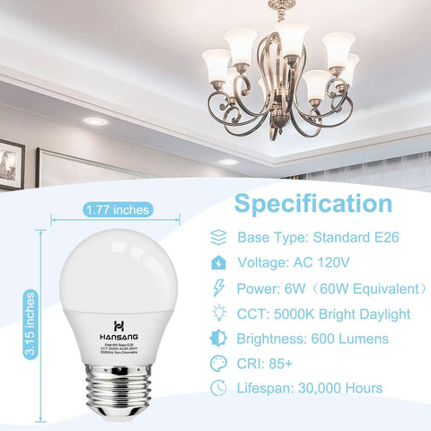 Brighten Up Any Room With A15 LED E26 Ceiling Fan Bulbs 5000K Daylight, 60W Equivalent, diagram with chandelier and specs displayed