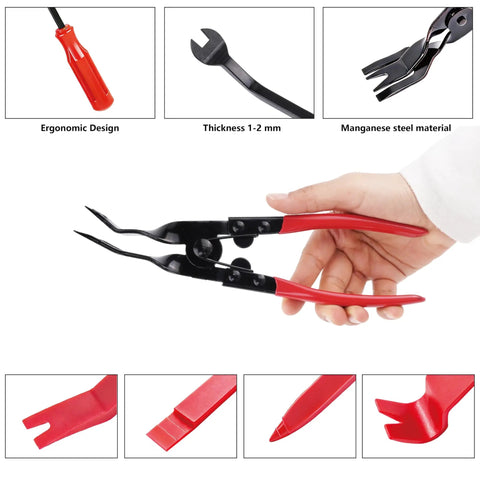 Hand holding fastener clip pliers from 7 Piece Pro Grade Car Trim Removal Tool Kit With Non Scratch Plastic Pry Tools for auto interior