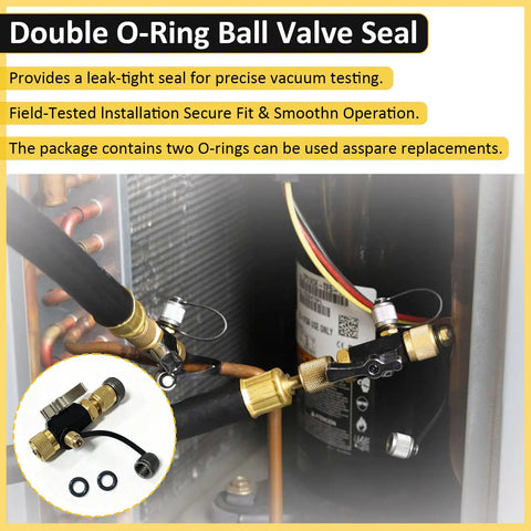 Double O-Ring Ball Valve Seal in copper piping for precise vacuum testing, two O-rings as spares visible.